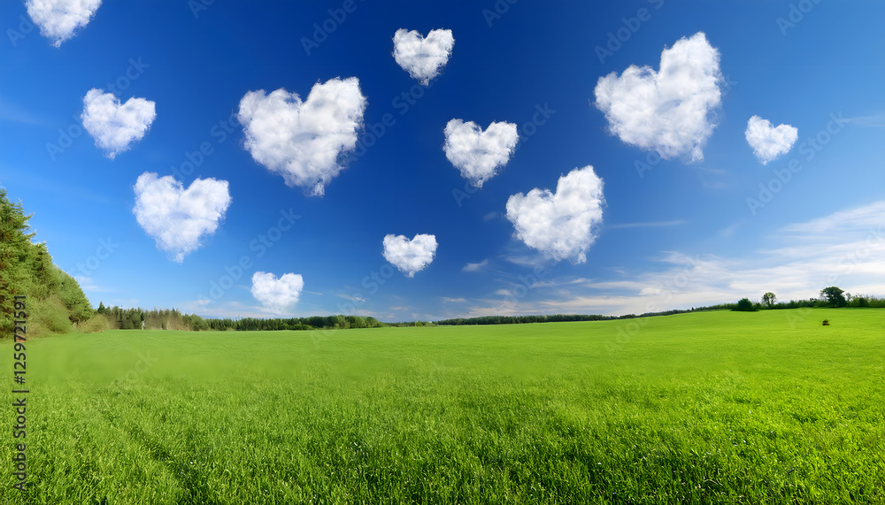 Fototapeta premium 草原と青空とハートの雲