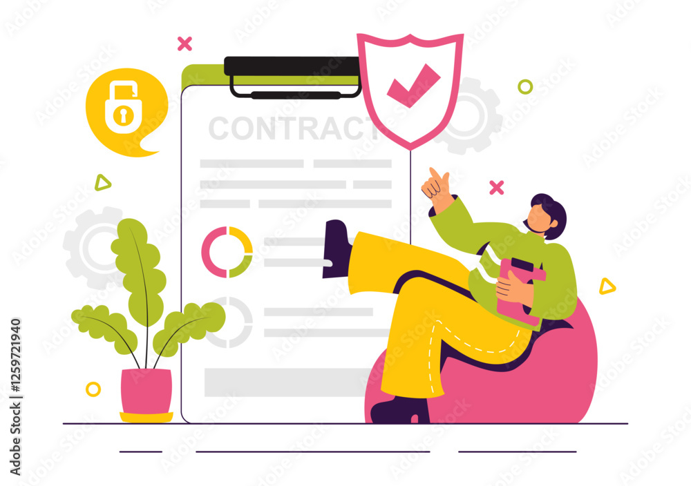 Obraz premium Smart Contract Vector Illustration featuring an Electronic Contract, Digital Document, and Online User Agreement with a Secure Digital Signature