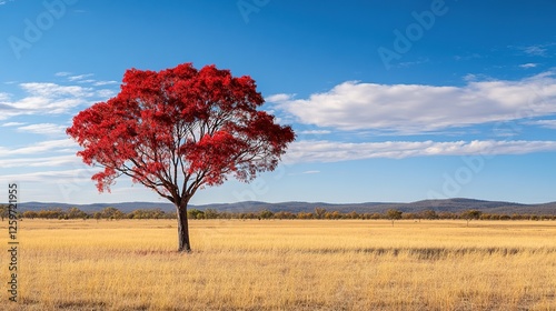 Red tree stands alone in a golden field under a blue sky