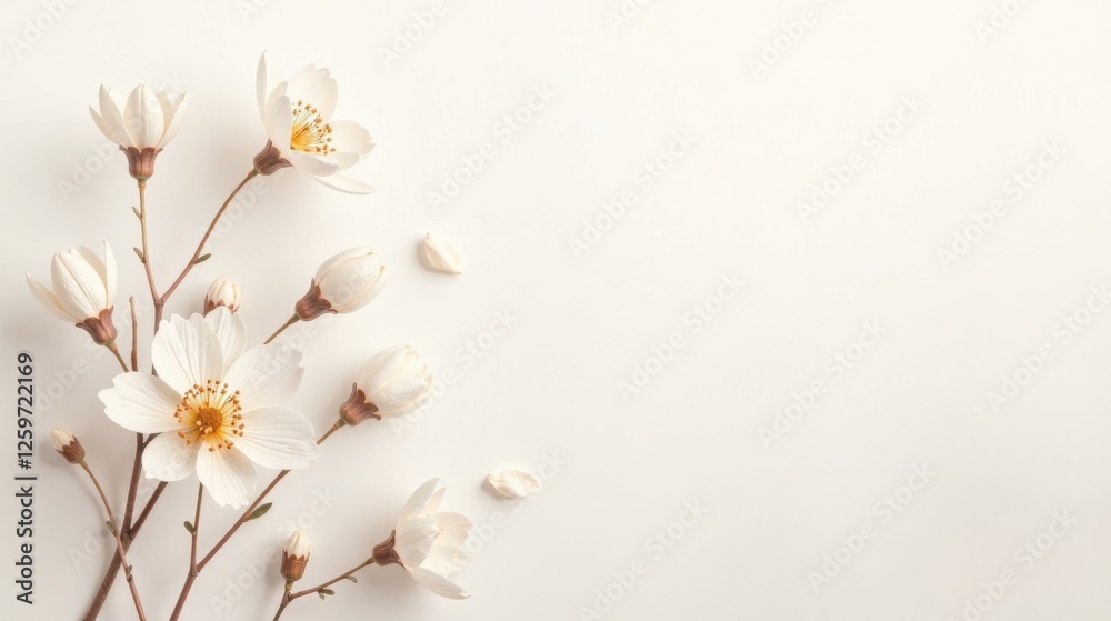 Delicate White Blossoms Arranged on a Clean White Background, Creating a Serene and Elegant Floral Design, Ideal for Invitations or Announcements Delicate White Blossoms Arranged on a Clean White Background, Creating a Serene and Elegant Floral Design, Ideal for Invitations or Announcements