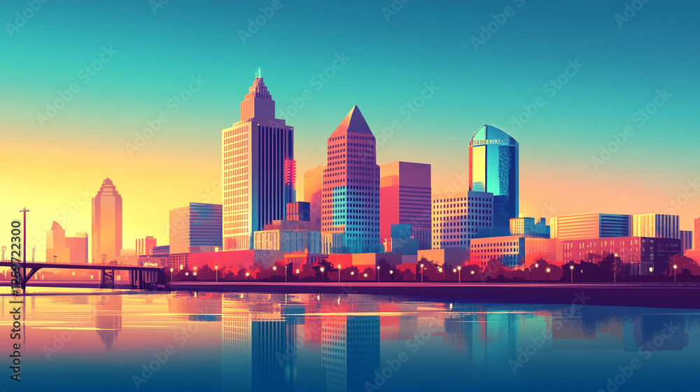 Naklejka premium vintage retro illustration metropolitan city landscape district background