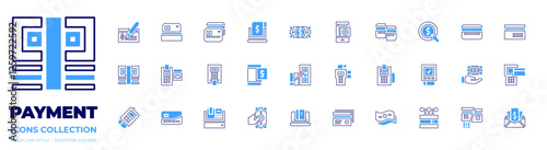 Payment icon collection. Bold line style. Duotone colors. money, bill, credit card, smartphone, dataphone, pos, receipt, online banking, pay, pay day