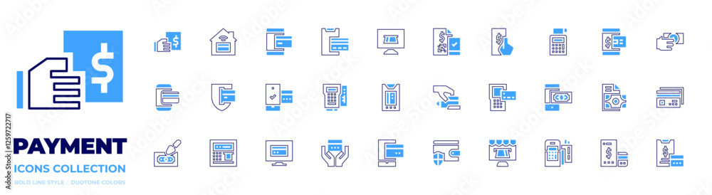 Payment icon collection. Bold line style. Duotone colors. online payment, payment, contactless, credit card, pos terminal, wallet, smartphone
