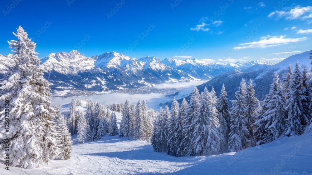 Winter mountain landscape with snow-covered trees. Featuring a clear blue sky and a distant mountain range. Highlighting the beauty of winter nature. Ideal for travel brochures. Winter mountain landscape with snow-covered trees. Featuring a clear blue sky and a distant mountain range. Highlighting the beauty of winter nature. Ideal for travel brochures.