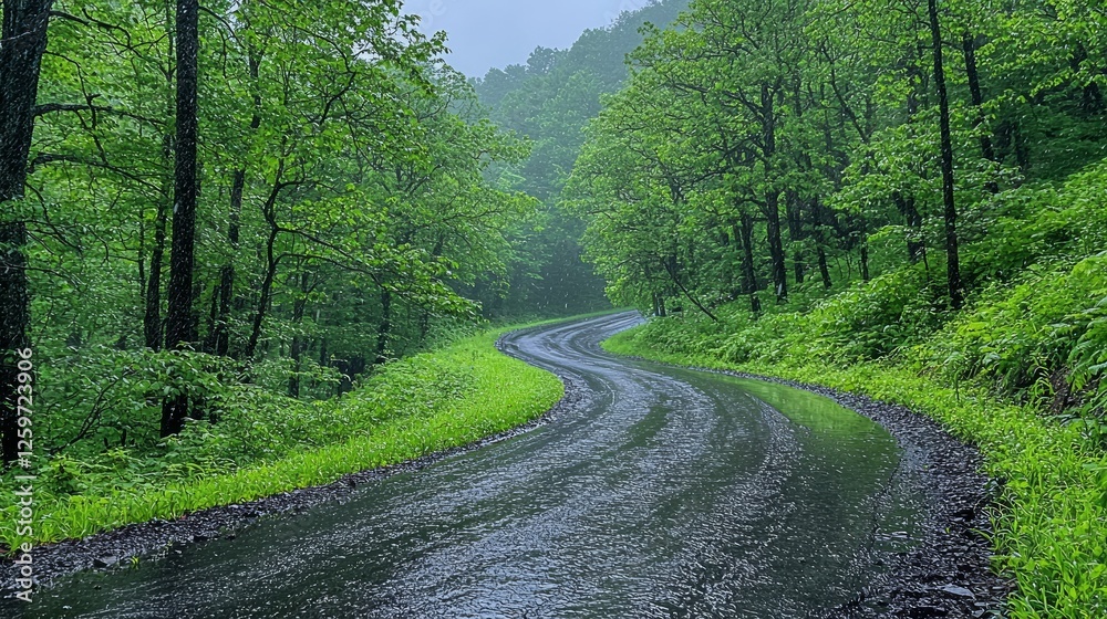 Rainy mountain road curves through lush forest. Travel website use Rainy mountain road curves through lush forest. Travel website use