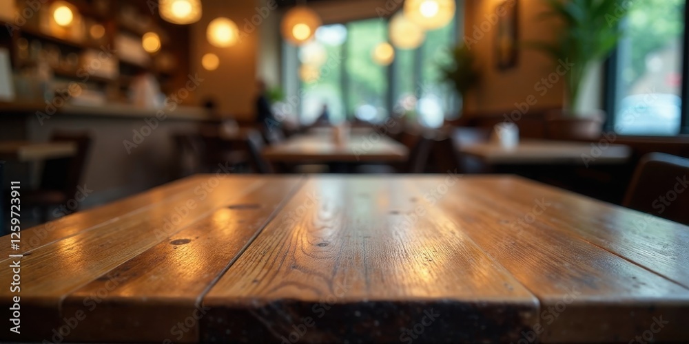 Obraz premium Warm Wooden Tabletop in a Cozy Restaurant Setting with Soft Background Blur