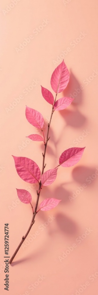 Obraz premium Pink Branch with Delicate Leaves on Soft Peach Background, a Study in Minimalist Botanical Elegance