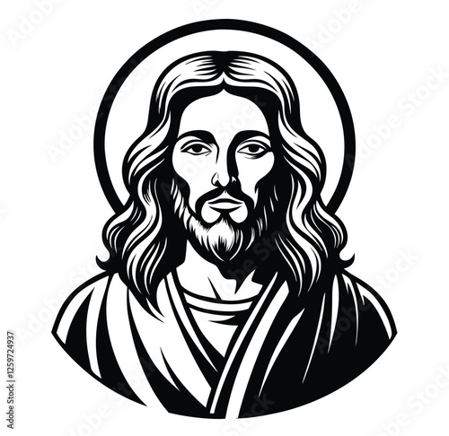 Iconic vector illustration of Jesus Christ featuring a serene expression and radiant halo.