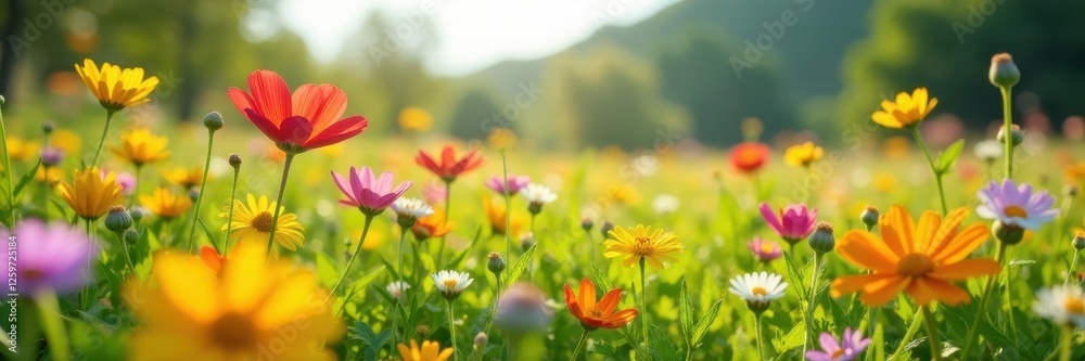 Vibrant wildflowers bloom in a sun-drenched meadow , flora, photography, bright Vibrant wildflowers bloom in a sun-drenched meadow , flora, photography, bright