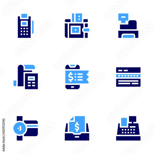 Payment icon set. Bold style. Duotone colors. wallet, cashier machine, credit card machine, receipt, point of service, bill, taxes, cash machine