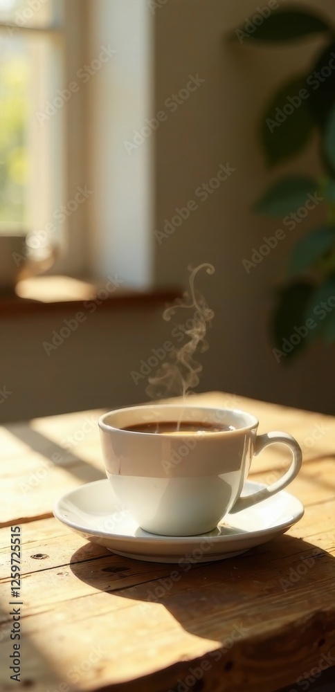 Aromatic Coffee Steam Rising from a White Mug on Rustic Wood Table in Sunny Room Aromatic Coffee Steam Rising from a White Mug on Rustic Wood Table in Sunny Room