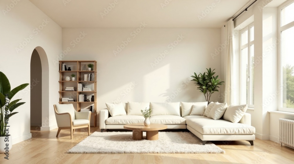 Fototapeta premium Serene Minimalist Living Room Design Featuring a Comfortable Off-White Sectional Sofa and a Light Wood Coffee Table