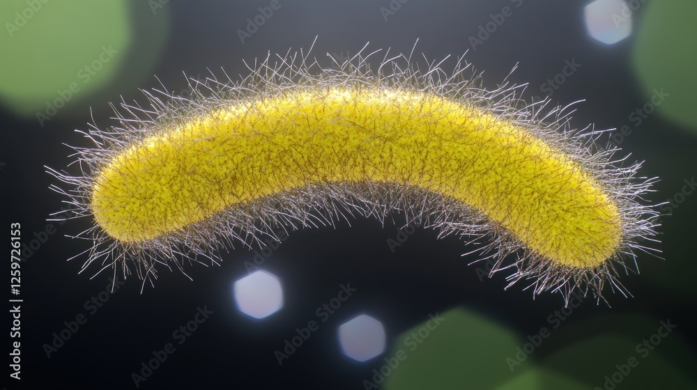 Fototapeta premium Close-up of a Vibrant Yellow Bacteria Cell Enveloped in Fine Hairlike Structures Under Microscope