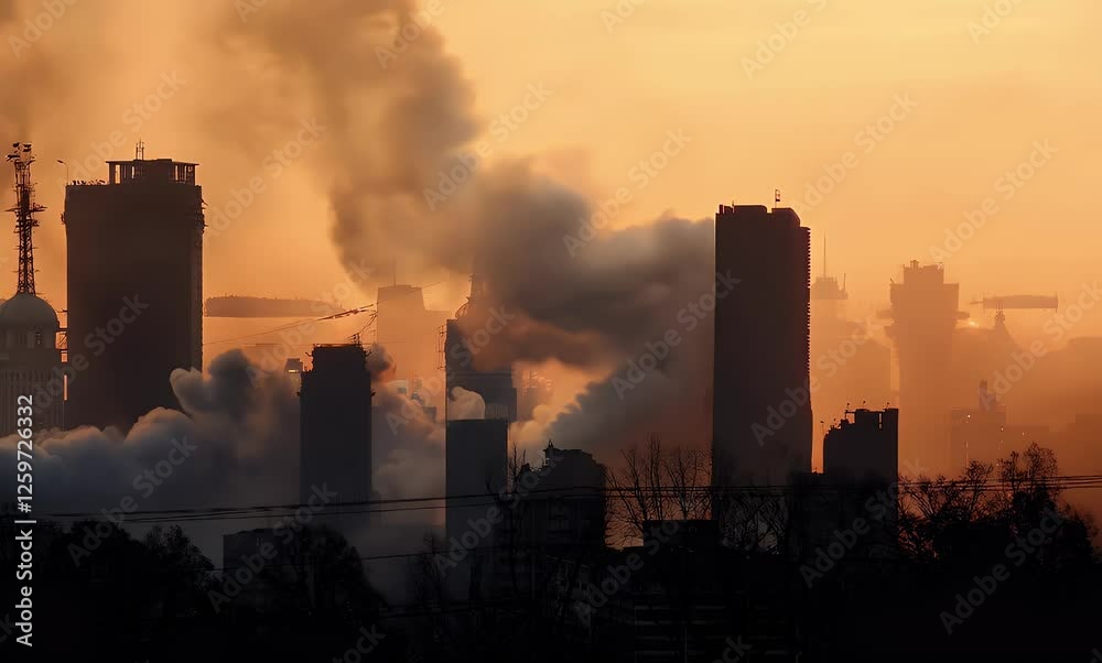 Smog-shrouded city sunrise, industrial pollution Smog-shrouded city sunrise, industrial pollution