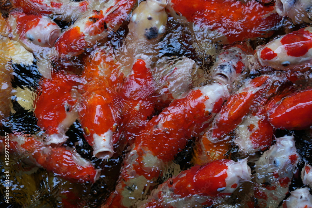 Many koi of different colors in the water are gathering to compete for food. Many koi of different colors in the water are gathering to compete for food.