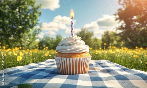 Birthday cupcake picnic, sunny meadow
