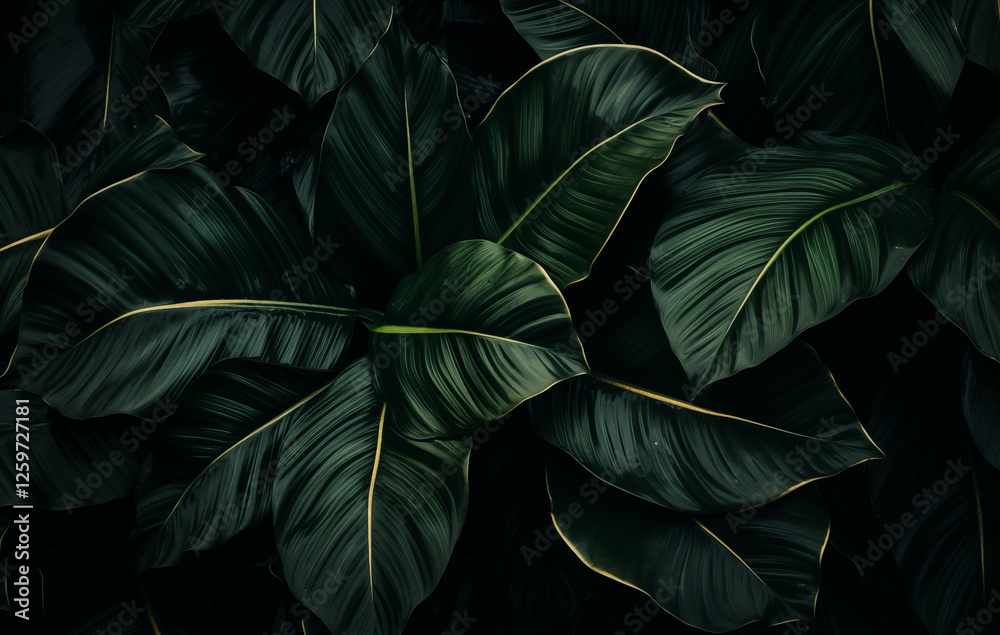 custom made wallpaper toronto digitalLush green tropical leaves are arranged closely together, showcasing their unique textures and rich colors under soft light. The dark backdrop highlights their vivid details beautifully