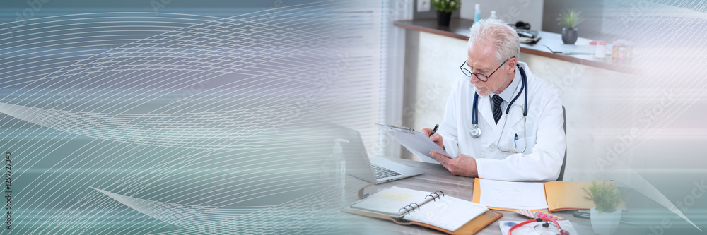 Senior doctor taking notes on clipboard; panoramic banner Senior doctor taking notes on clipboard; panoramic banner