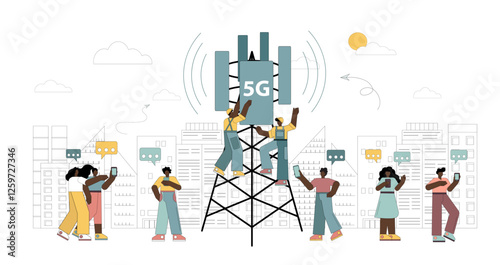 5g technologies. New generation mobile networks. Workers on the tower are installing high-speed mobile Internet.eps