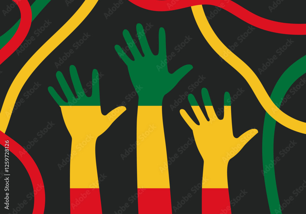 Manos alzadas con colores verde, amarillo y rojo por la igualdad en fondo negro