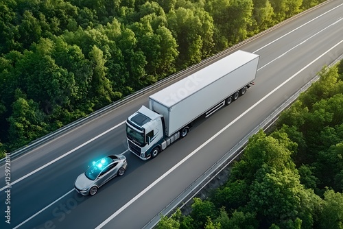 Highway escort Police car leads truck through forest