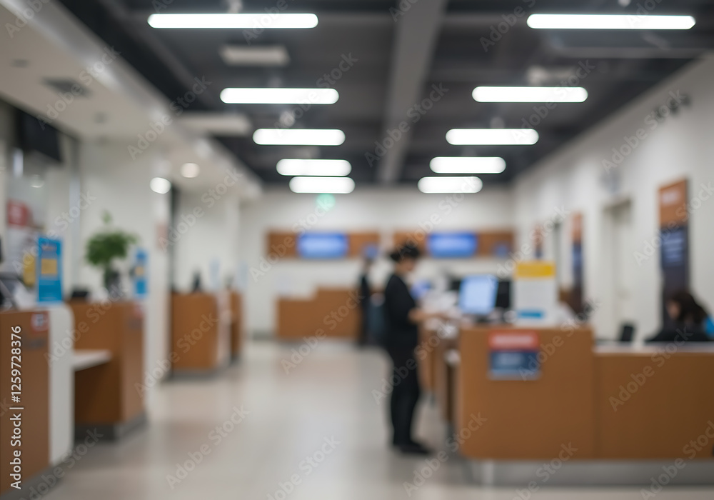 Fototapeta premium Spacious and quiet bank lobby with modern design, softly blurred for a subtle effect. 