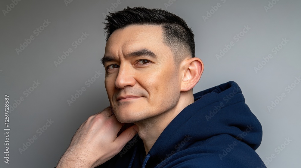 Casual Portrait of a Confident Man in a Hoodie with a Relaxed Expression Against a Grey Background Casual Portrait of a Confident Man in a Hoodie with a Relaxed Expression Against a Grey Background