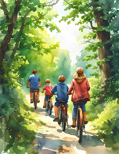 Family Bike Ride:  A watercolor painting depicting a family of four enjoying a scenic bike ride through a lush green forest path, bathed in the warm glow of sunlight.