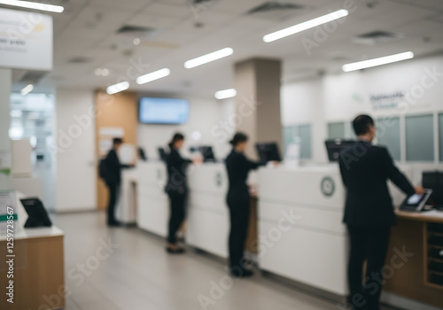 Blurred Image of Busy Bank or Office Reception Area with Staff Assisting Customers