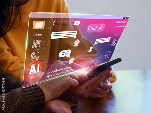 Chat Bot Chat with AI or Artificial Intelligence technology. Woman using phone chatting with an intelligent artificial intelligence asks for the answers he wants. ChatGPT
