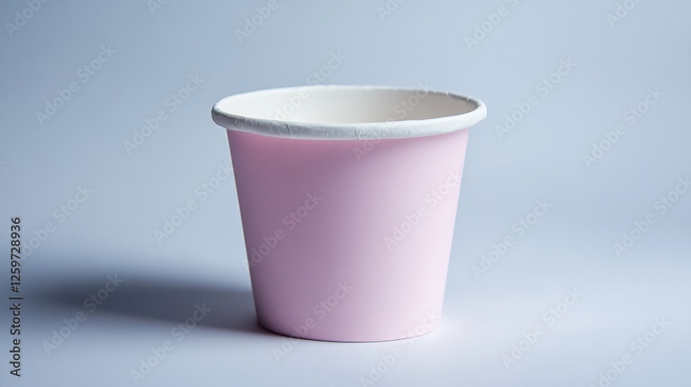Empty Pink Paper Cup on a Soft Gray Background with Minimalist Aesthetic Empty Pink Paper Cup on a Soft Gray Background with Minimalist Aesthetic