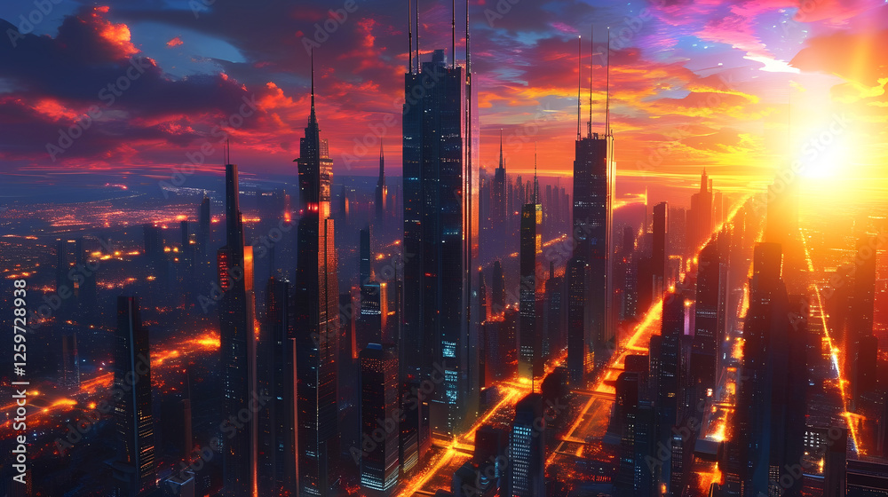 Fototapeta premium Futuristic Cityscape at Sunset: A breathtaking panoramic view of a futuristic metropolis at sunset, with towering skyscrapers silhouetted against a vibrant, fiery sky. The scene is filled with warm.