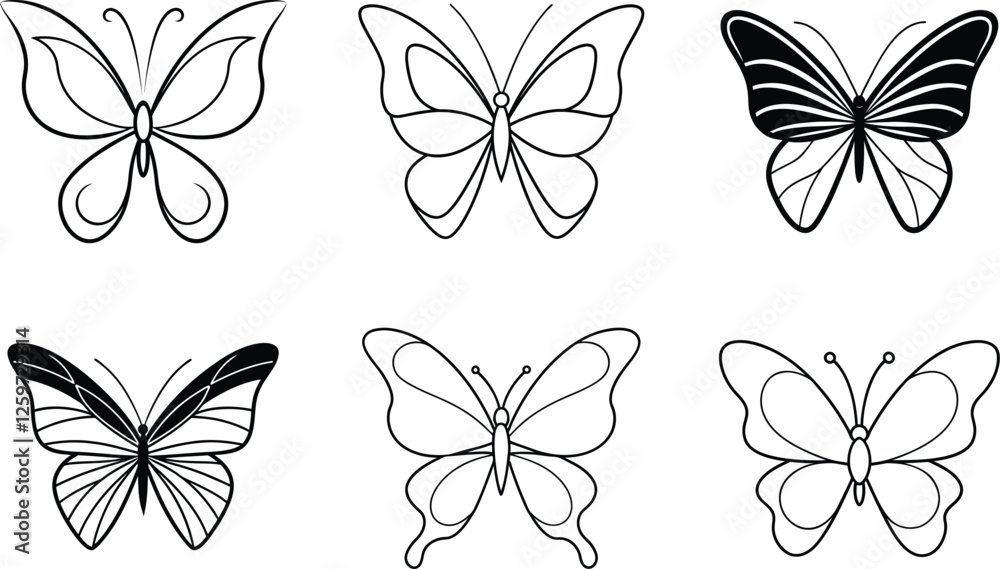 Obraz premium Six Elegant Butterfly Line Art Designs, Ink Drawings, Nature
