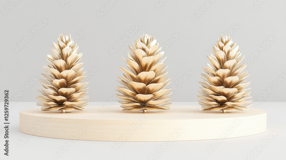 Three Decorative Gold Pinecones Arranged on a Wooden Base in a Minimalist Interior Setting Three Decorative Gold Pinecones Arranged on a Wooden Base in a Minimalist Interior Setting