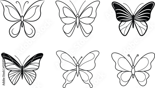 Six Elegant Butterfly Line Art Designs, Ink Drawings, Nature