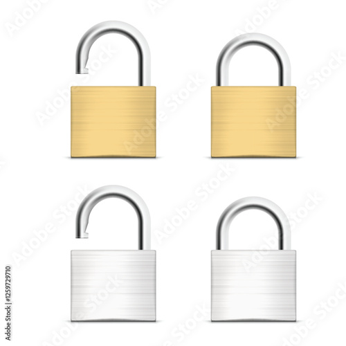 Realistic Locked and Unlocked Padlock Set Mockup. Vector