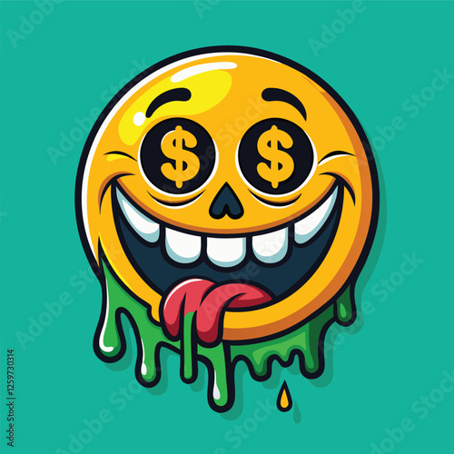 An emoji face shows dollar signs for eyes and drips green slime in a funny cartoon illustration.