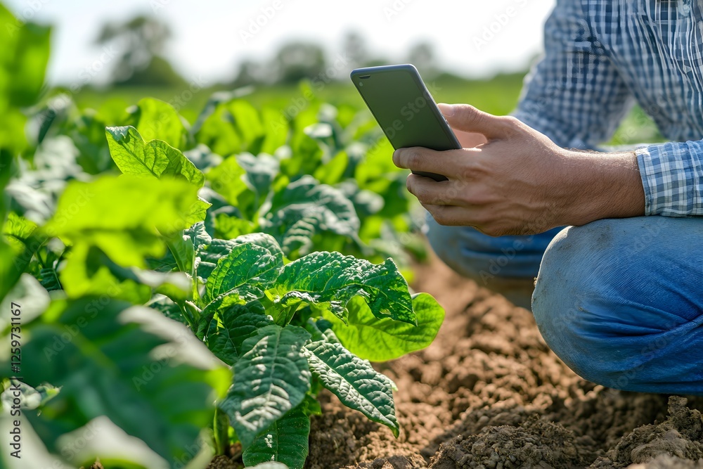 Farmer uses phone, inspecting crops in sunny field Farmer uses phone, inspecting crops in sunny field