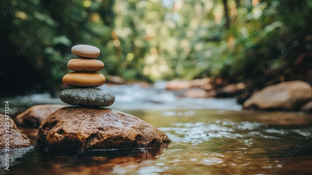 Balanced stones by tranquil stream, lush forest background; meditation, wellness Balanced stones by tranquil stream, lush forest background; meditation, wellness