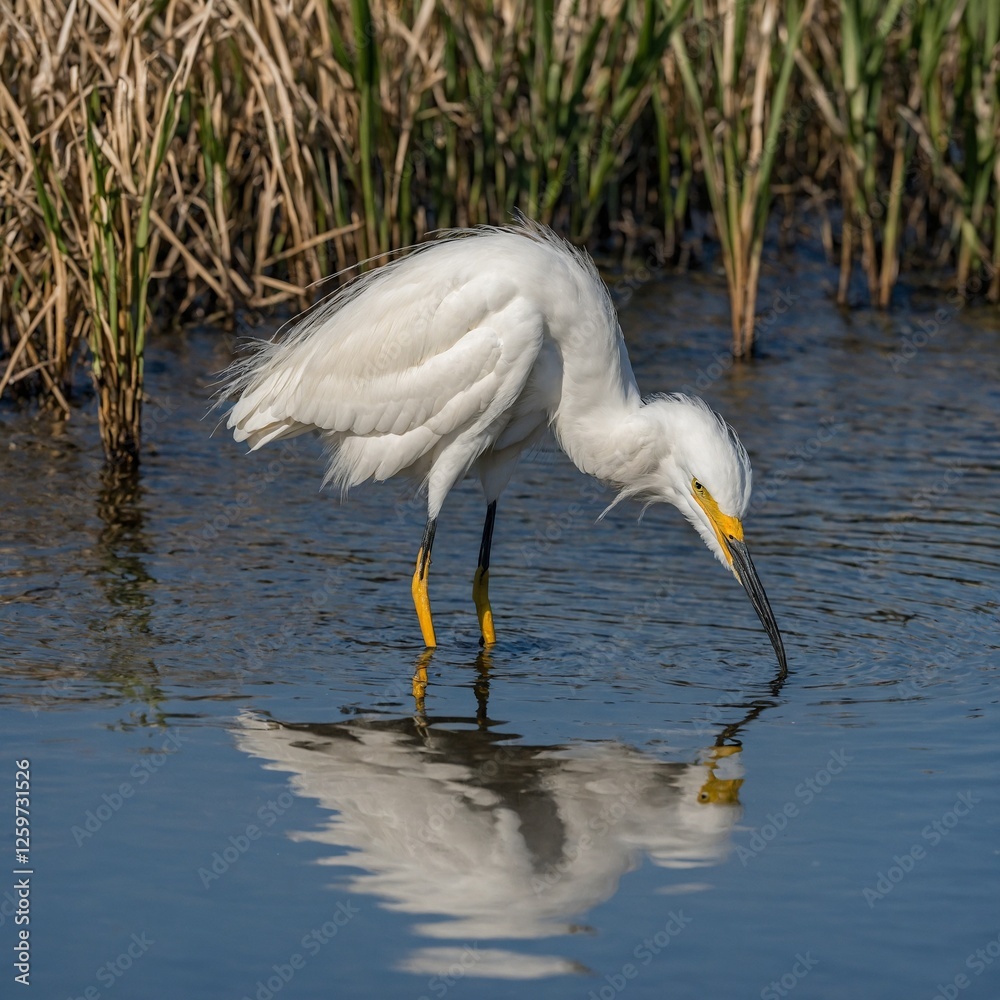 Naklejka premium A snowy egret standing elegantly in shallow water, surrounded by reeds.