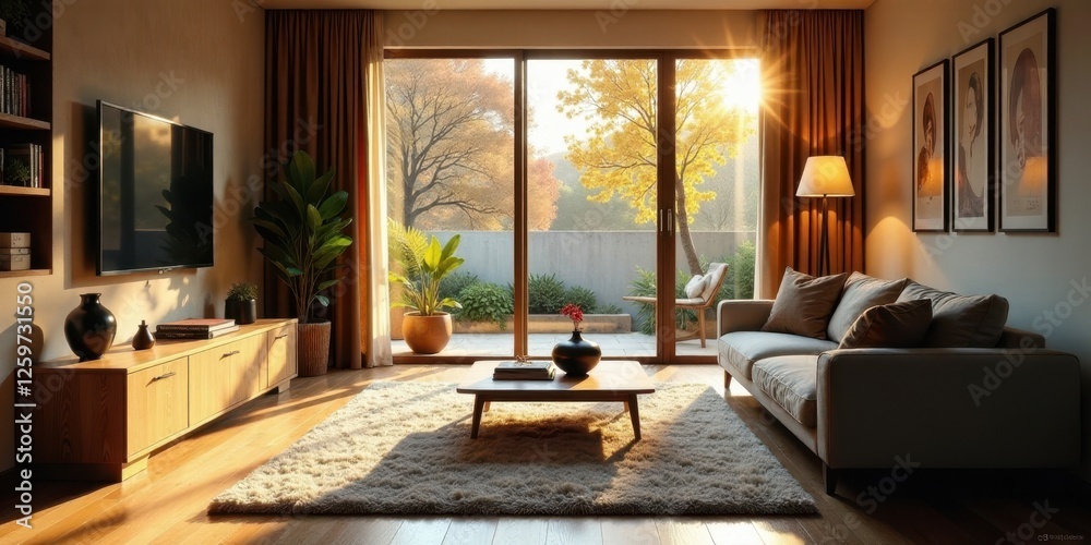 Fototapeta premium Modern Living Room Interior Design with Autumnal Sunlight Streaming Through Large Windows and a Cozy Sofa