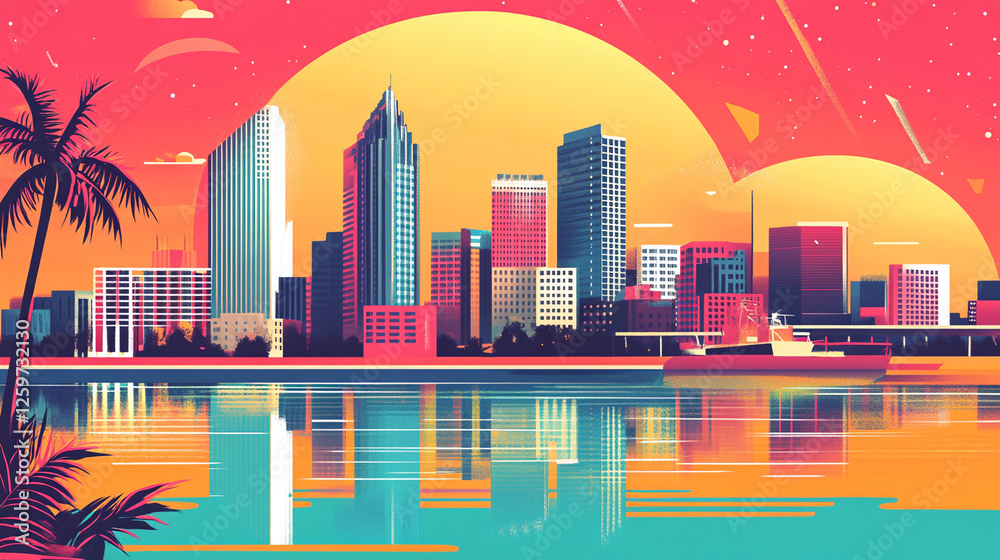 Naklejka premium vintage retro illustration metropolitan city landscape district background