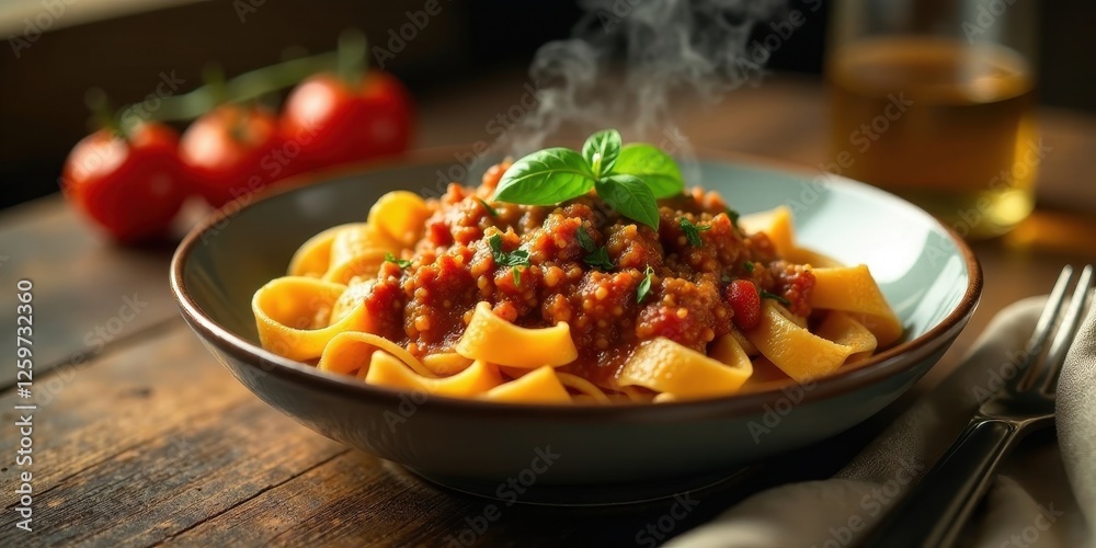 Aromatic pasta dish with rich tomato sauce and fresh basil, steaming hot in a rustic bowl