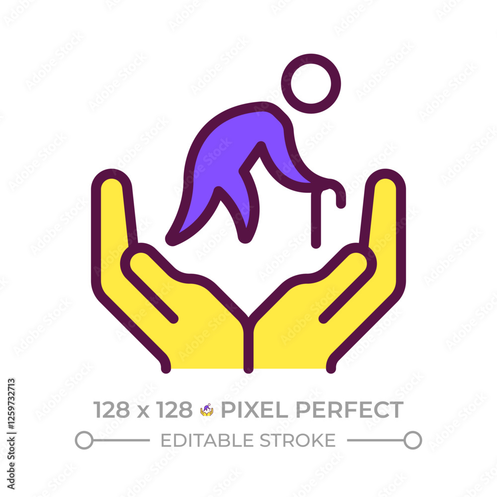 Elder care pixel perfect RGB color icon. Assistance, support. Financial management, economics. Pension, retirement. Isolated vector illustration. Simple filled line drawing. Editable stroke Elder care pixel perfect RGB color icon. Assistance, support. Financial management, economics. Pension, retirement. Isolated vector illustration. Simple filled line drawing. Editable stroke