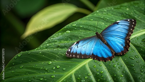 Blue Morpho Butterfly on Leaf: A vibrant blue morpho butterfly with iridescent wings rests delicately on a lush green leaf, adorned with glistening dewdrops.