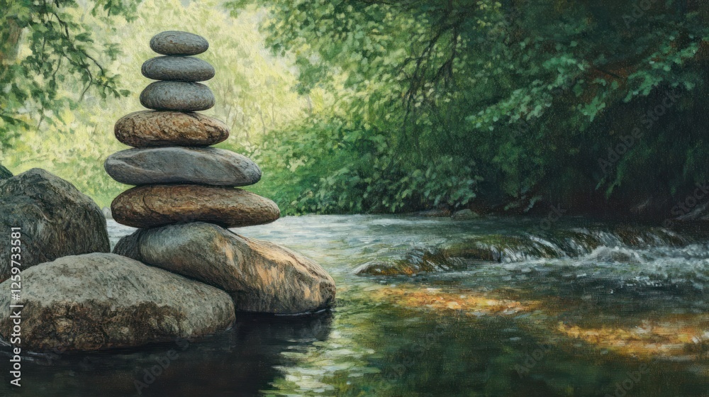 Balanced stones by river, serene forest background, nature peace Balanced stones by river, serene forest background, nature peace