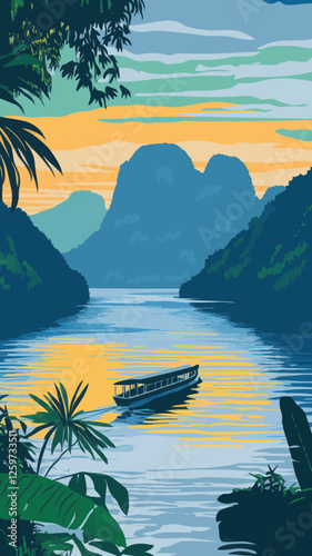 Art Deco Poster of Khao Sok National Park at Sunset with Cheow Lan Lake and Boat in Thailand
