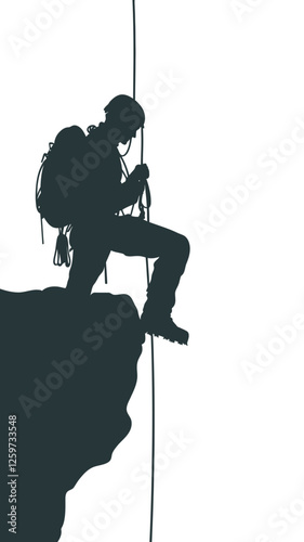 Silhouette Vector of Male Mountaineer Abseiling with Safety Gear on Cliff Edge for Adventure and Outdoor Concepts