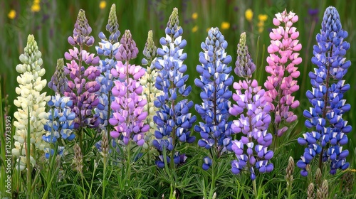 Vibrant lupine flowers in full bloom, showcasing a spectrum of colors in a lush green field