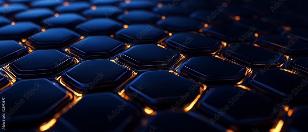 Fototapeta premium A close-up view of hexagonal patterns with a dark blue surface highlighted by vibrant golden edges, creating a modern, geometric design.